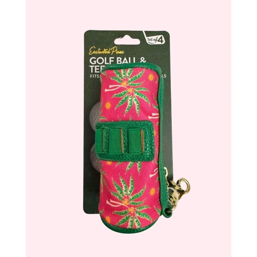 NEW Eastwood Pines Golf Ball and Tee Pouch Pink Green Palm Trees Gold Clasp
